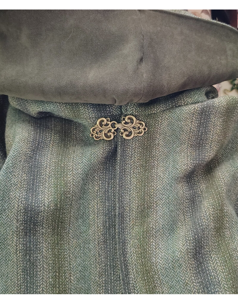 Cloakmakers.com 6160-Washable Variegated Moss Green Wool Cloak w/ Dark Green Velveteen Hood Lining & Mushroom Embroidered Pockets