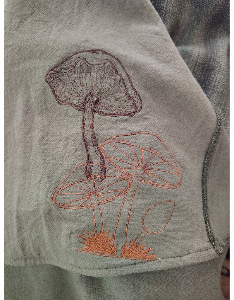 Cloakmakers.com 6160-Washable Variegated Moss Green Wool Cloak w/ Dark Green Velveteen Hood Lining & Mushroom Embroidered Pockets