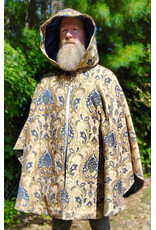 Cloakmakers.com 6161-Washable Blue & Brown Floral Brocade Cloak w/ Blue Velvet Hood Lining & Four Pockets