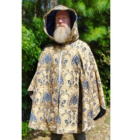 Cloakmakers.com 6161-Washable Blue & Brown Floral Brocade Cloak w/ Blue Velvet Hood Lining & Four Pockets