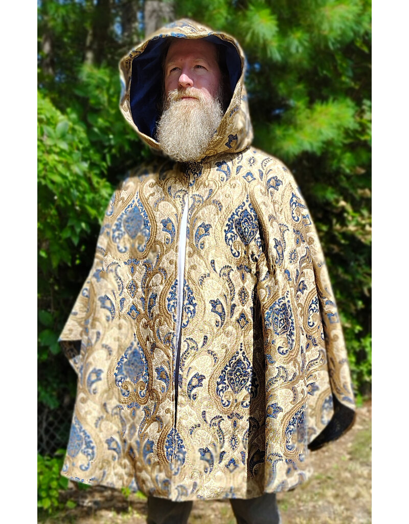 Cloakmakers.com 6161-Washable Blue & Brown Floral Brocade Cloak w/ Blue Velvet Hood Lining & Four Pockets