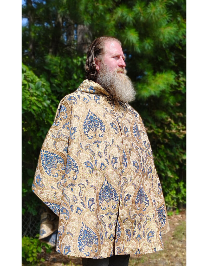 Cloakmakers.com 6161-Washable Blue & Brown Floral Brocade Cloak w/ Blue Velvet Hood Lining & Four Pockets