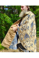 Cloakmakers.com 6161-Washable Blue & Brown Floral Brocade Cloak w/ Blue Velvet Hood Lining & Four Pockets