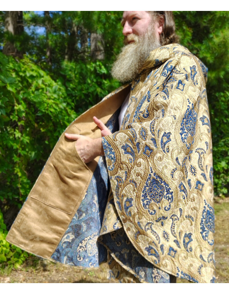 Cloakmakers.com 6161-Washable Blue & Brown Floral Brocade Cloak w/ Blue Velvet Hood Lining & Four Pockets