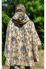 Cloakmakers.com 6161-Washable Blue & Brown Floral Brocade Cloak w/ Blue Velvet Hood Lining & Four Pockets