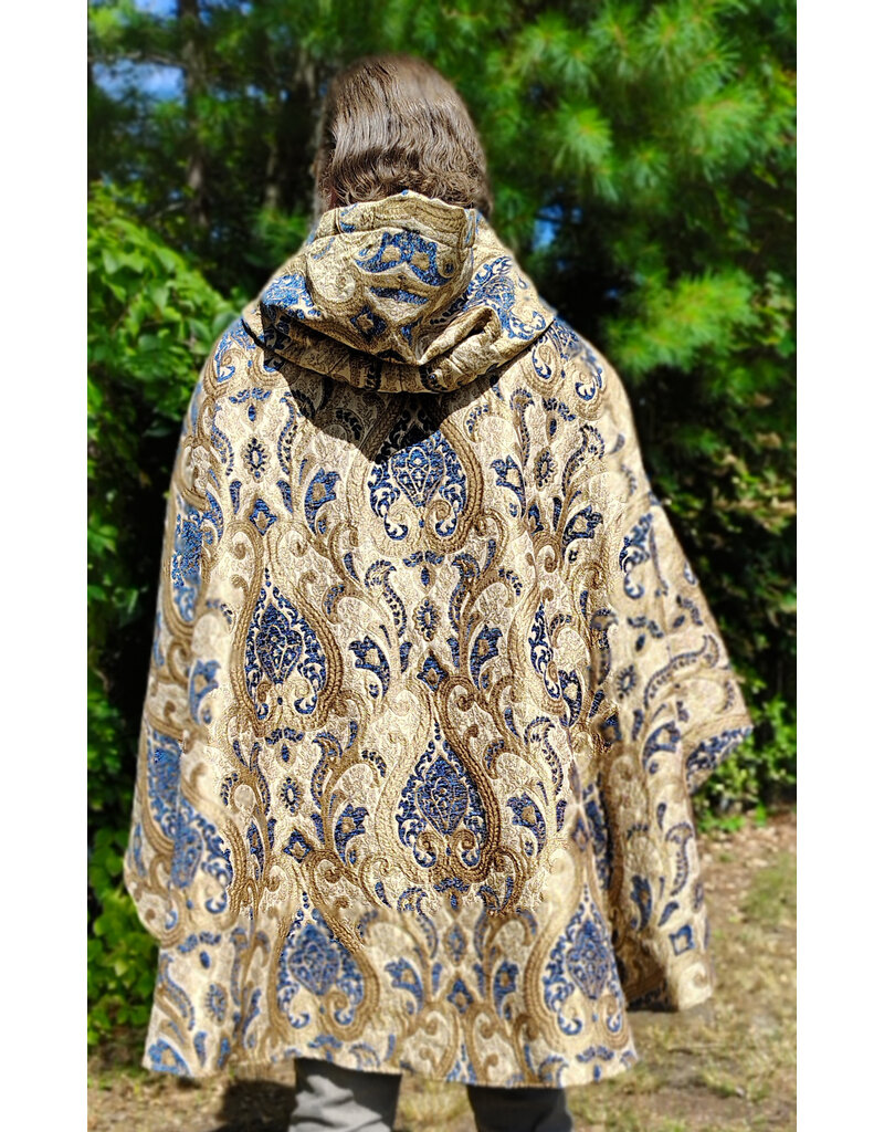 Cloakmakers.com 6161-Washable Blue & Brown Floral Brocade Cloak w/ Blue Velvet Hood Lining & Four Pockets