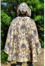 Cloakmakers.com 6161-Washable Blue & Brown Floral Brocade Cloak w/ Blue Velvet Hood Lining & Four Pockets