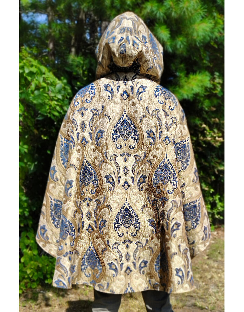 Cloakmakers.com 6161-Washable Blue & Brown Floral Brocade Cloak w/ Blue Velvet Hood Lining & Four Pockets