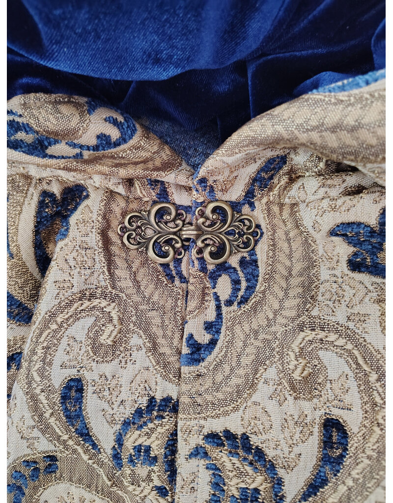 Cloakmakers.com 6161-Washable Blue & Brown Floral Brocade Cloak w/ Blue Velvet Hood Lining & Four Pockets