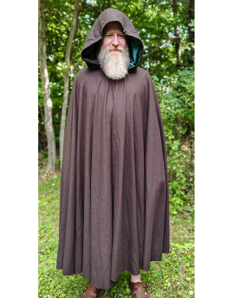 Cloakmakers.com 6162-Washable Dark Brown Wool Blend Cloak w/ Emerald Green Velvet Hood Lining & Bronze Tone Clasp