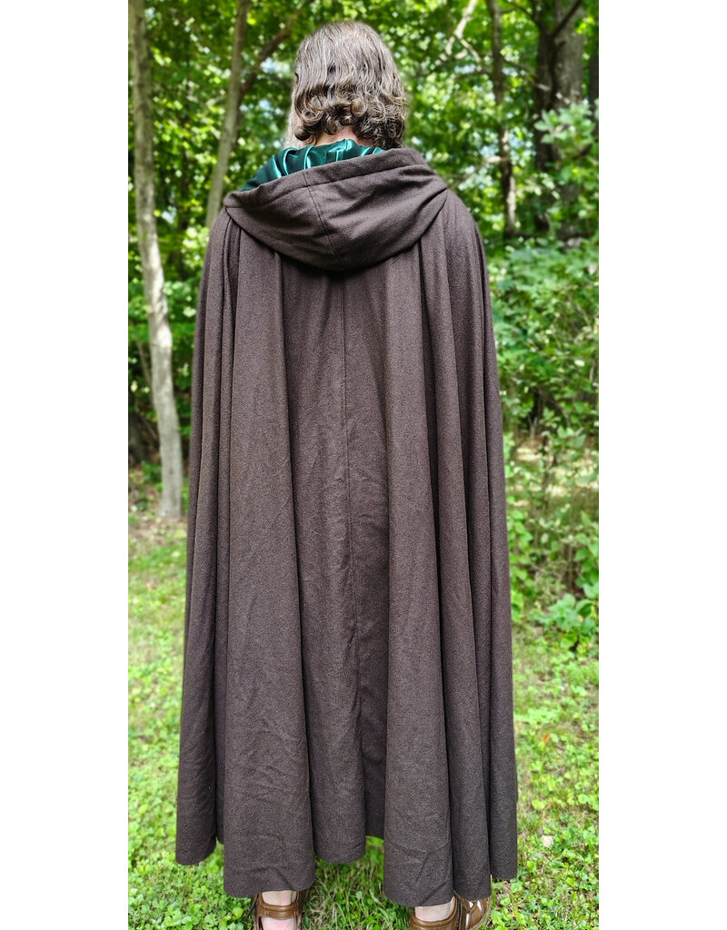 Cloakmakers.com 6162-Washable Dark Brown Wool Blend Cloak w/ Emerald Green Velvet Hood Lining & Bronze Tone Clasp