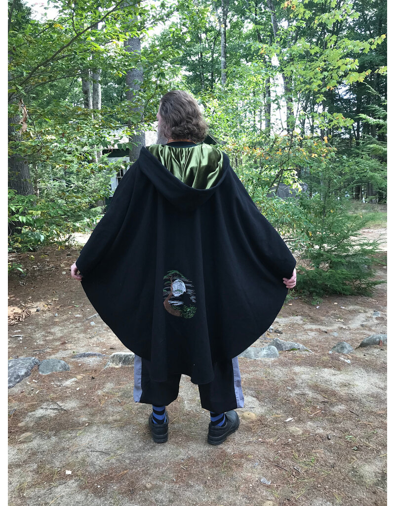 Cloakmakers.com 6164-Washable Black Wool Cloak w/ Green Hood Lining & Moon & Bonsai & Tree Of Life Embroidery