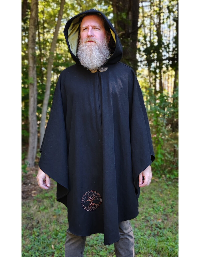 Cloakmakers.com 6164-Washable Black Wool Cloak w/ Green Hood Lining & Moon & Bonsai & Tree Of Life Embroidery
