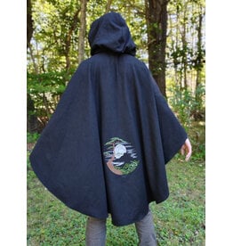 Cloakmakers.com 6164-Washable Black Wool Cloak w/ Green Hood Lining & Moon & Bonsai & Tree Of Life Embroidery