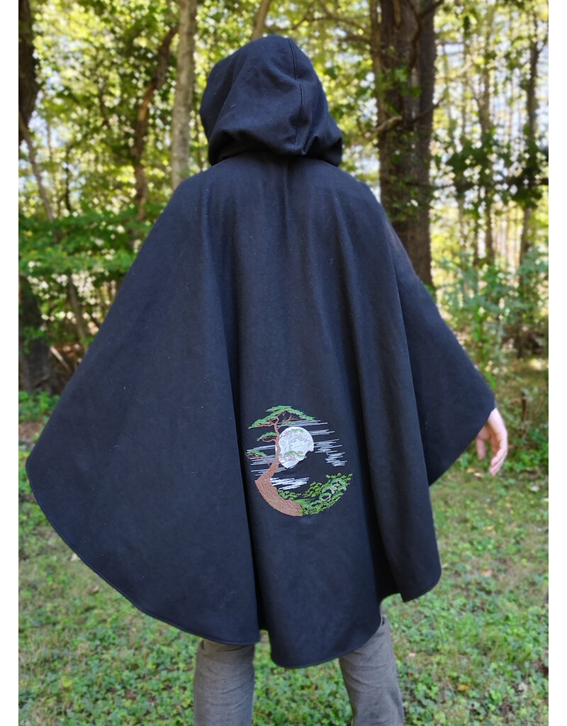 Cloakmakers.com 6164-Washable Black Wool Cloak w/ Green Hood Lining & Moon & Bonsai & Tree Of Life Embroidery