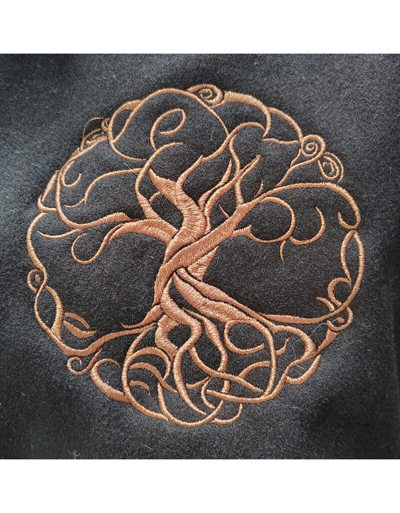 Cloakmakers.com 6164-Washable Black Wool Cloak w/ Green Hood Lining & Moon & Bonsai & Tree Of Life Embroidery