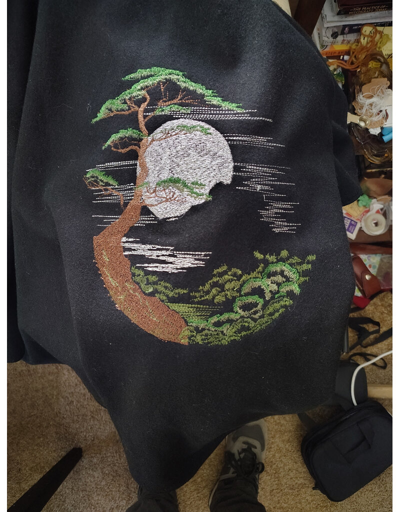 Cloakmakers.com 6164-Washable Black Wool Cloak w/ Green Hood Lining & Moon & Bonsai & Tree Of Life Embroidery
