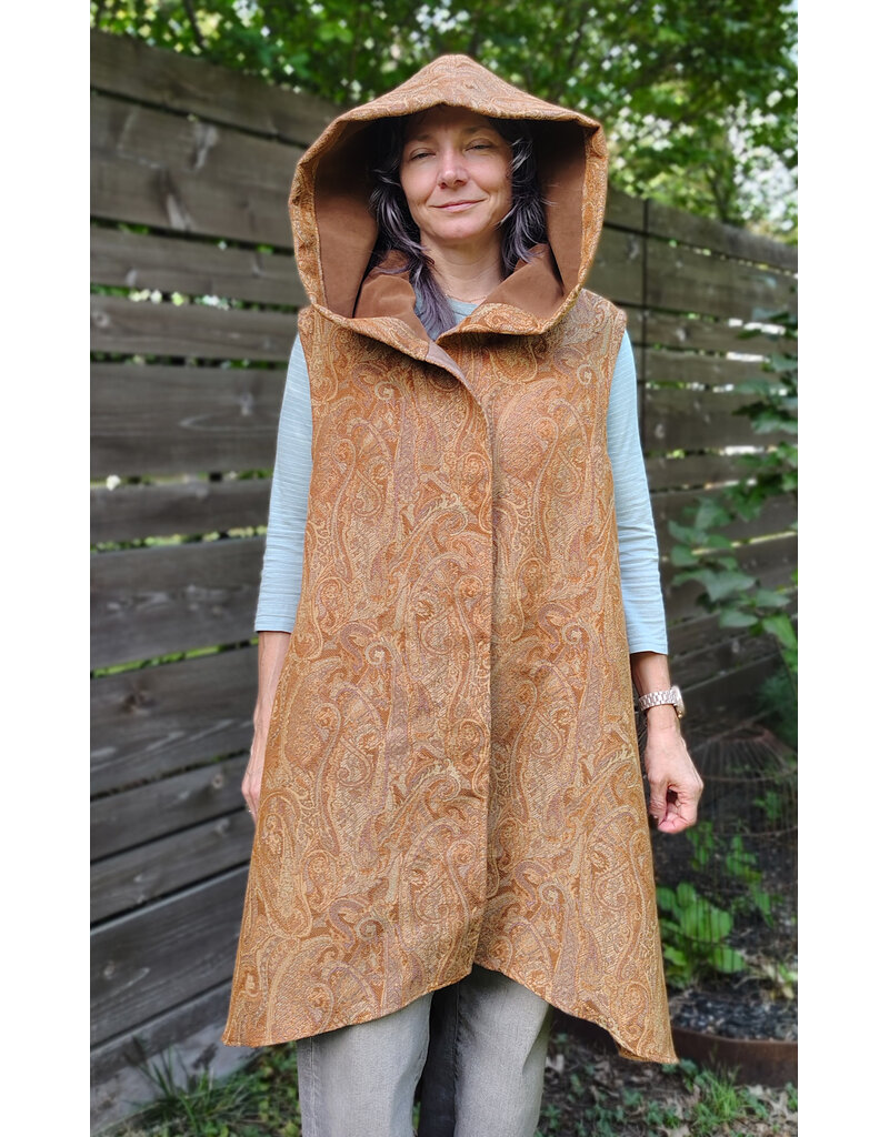Cloakmakers.com J937-Washable Long Copper Paisley Hooded Vest w/ Light Brown Velveteen Hood Lining & Two Pockets