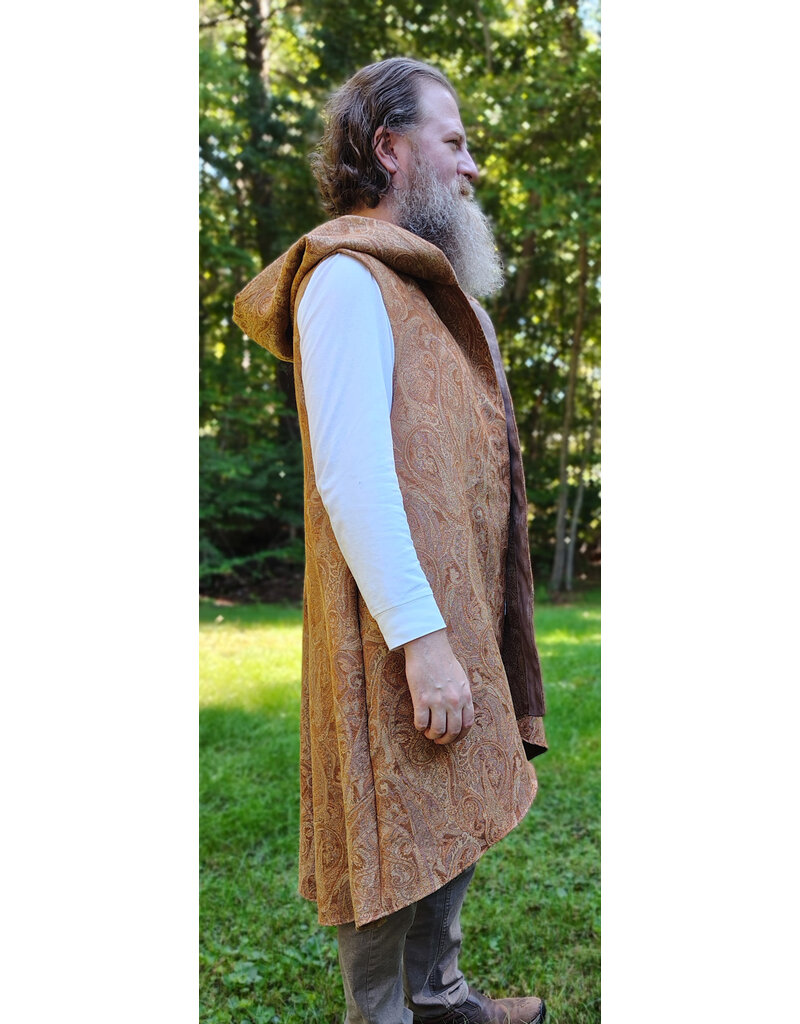 Cloakmakers.com J937-Washable Long Copper Paisley Hooded Vest w/ Light Brown Velveteen Hood Lining & Two Pockets