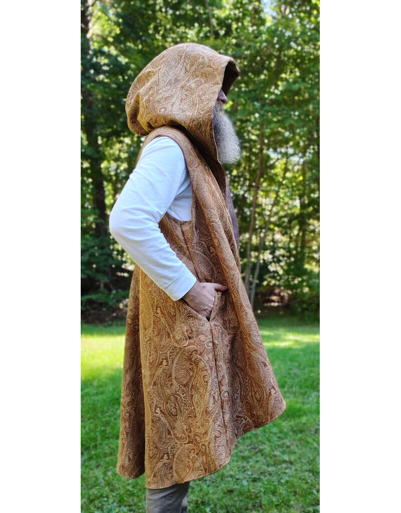 Cloakmakers.com J937-Washable Long Copper Paisley Hooded Vest w/ Light Brown Velveteen Hood Lining & Two Pockets