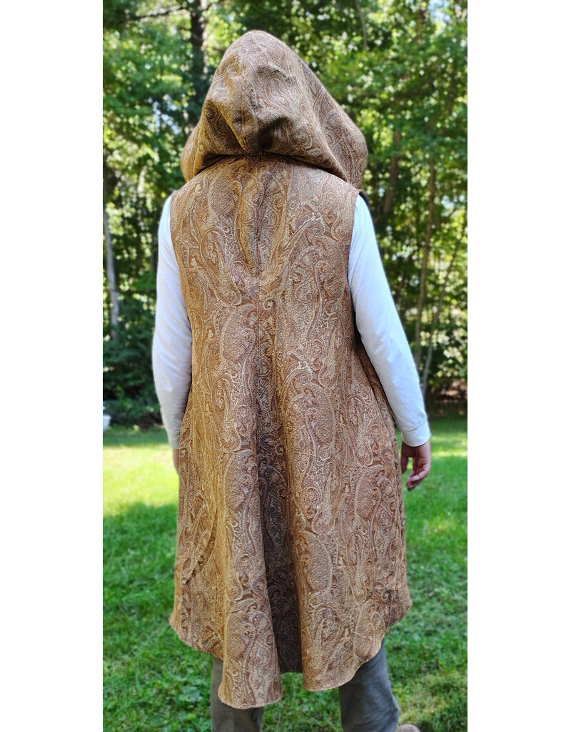 Cloakmakers.com J937-Washable Long Copper Paisley Hooded Vest w/ Light Brown Velveteen Hood Lining & Two Pockets