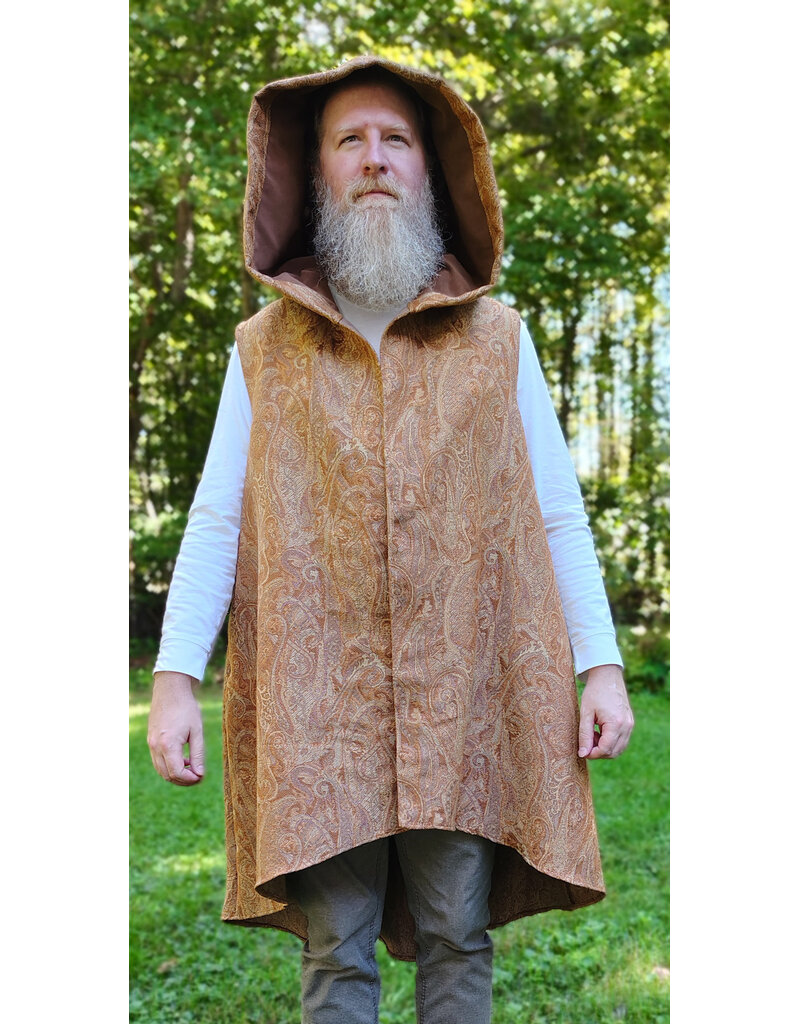 Cloakmakers.com J937-Washable Long Copper Paisley Hooded Vest w/ Light Brown Velveteen Hood Lining & Two Pockets