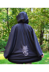 Cloakmakers.com 6165-Washable Lightweight Black Raincloak w/ White Wolf Embroidery & Two Pockets