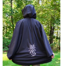 Cloakmakers.com 6165-Washable Lightweight Black Raincloak w/ White Wolf Embroidery & Two Pockets