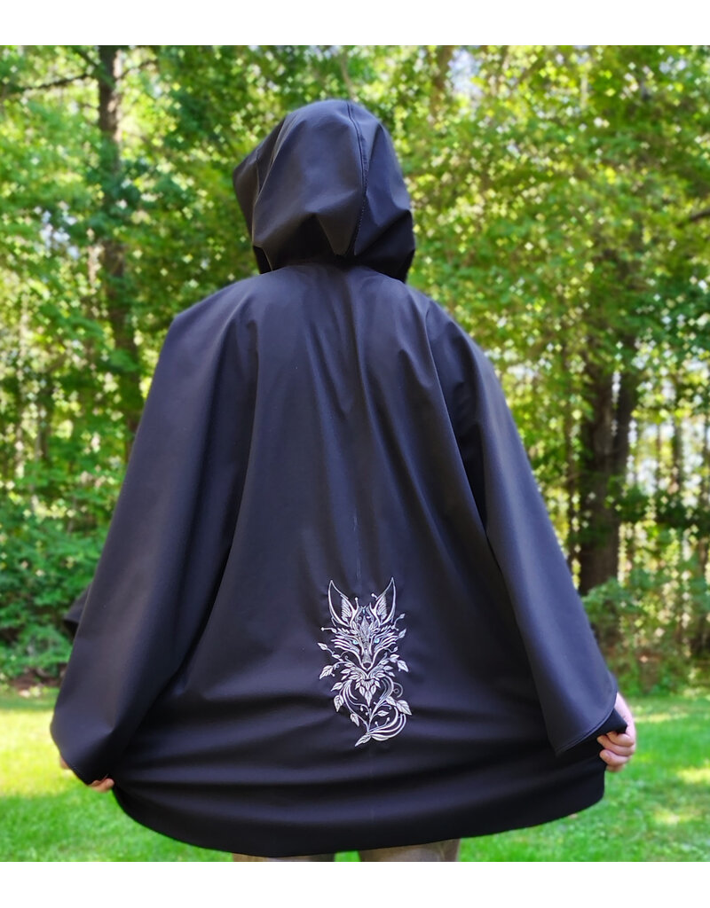 Cloakmakers.com 6165-Washable Lightweight Black Raincloak w/ White Wolf Embroidery & Two Pockets