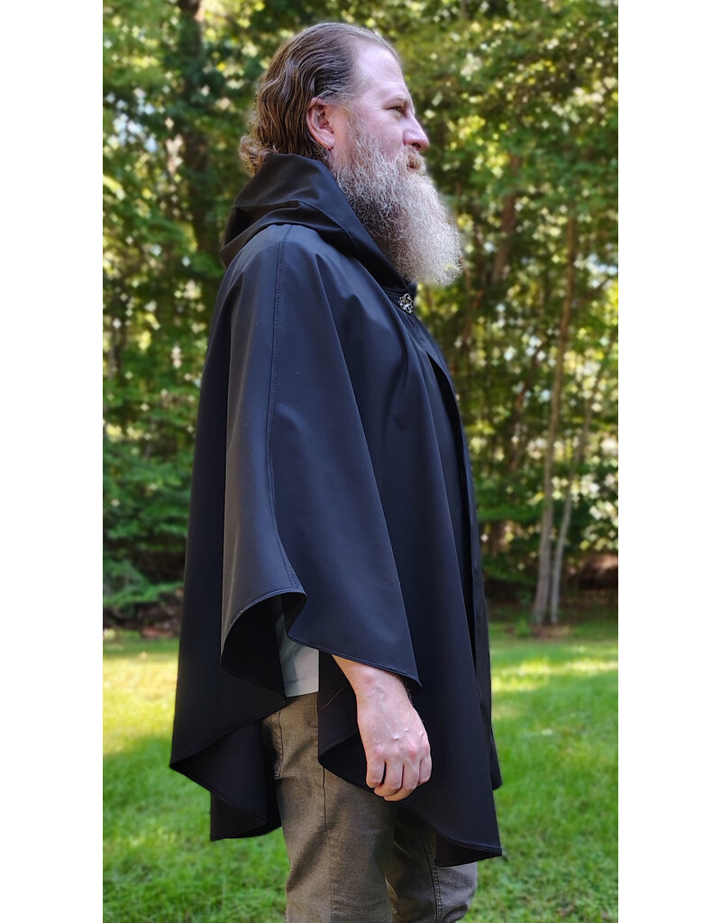 Cloakmakers.com 6165-Washable Lightweight Black Raincloak w/ White Wolf Embroidery & Two Pockets