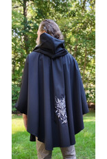 Cloakmakers.com 6165-Washable Lightweight Black Raincloak w/ White Wolf Embroidery & Two Pockets