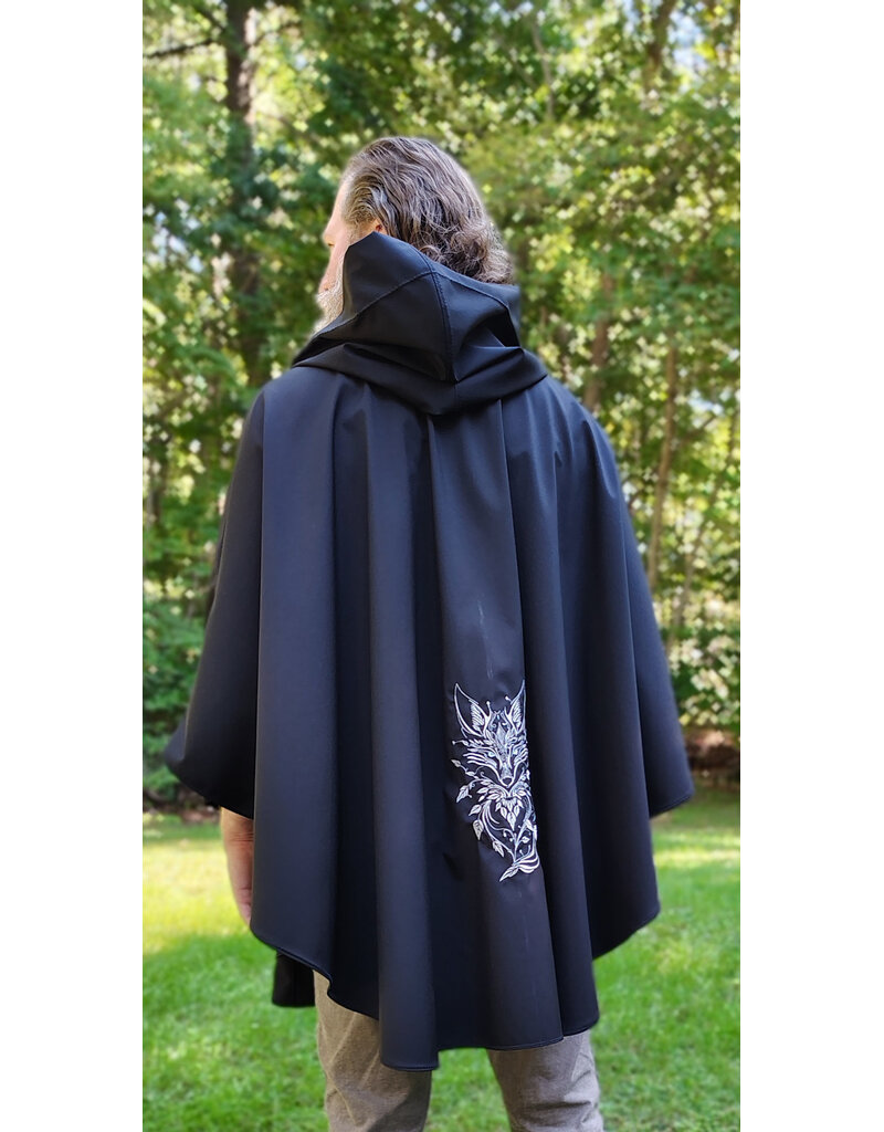 Cloakmakers.com 6165-Washable Lightweight Black Raincloak w/ White Wolf Embroidery & Two Pockets