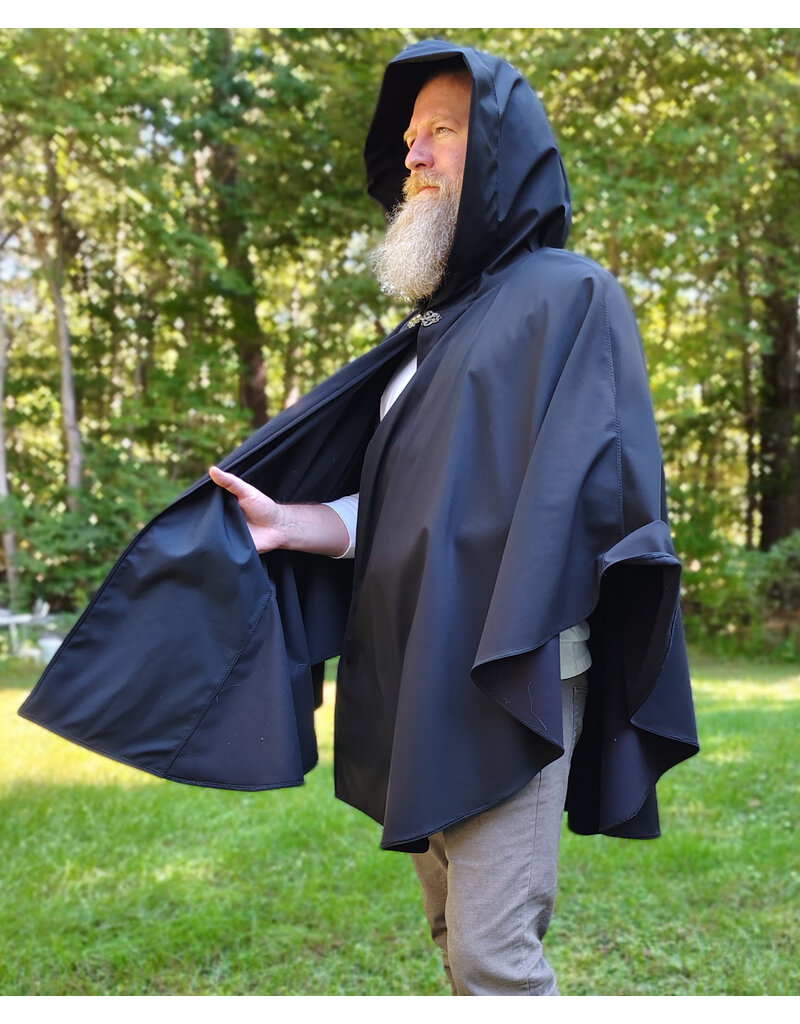 Cloakmakers.com 6165-Washable Lightweight Black Raincloak w/ White Wolf Embroidery & Two Pockets