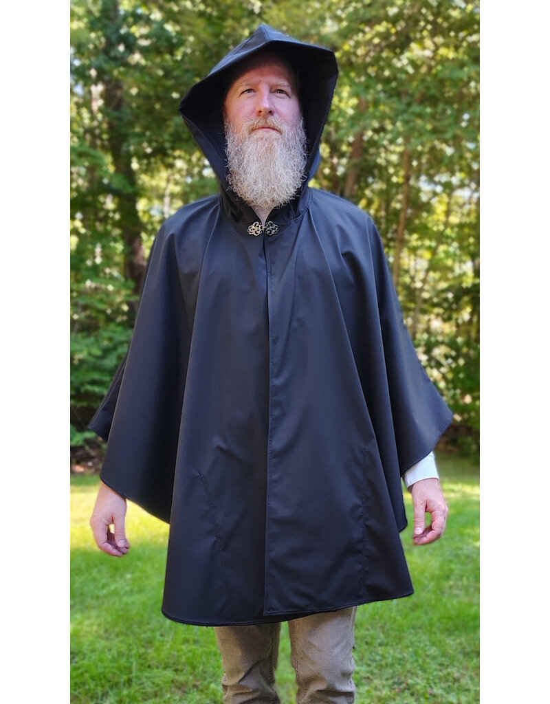 Cloakmakers.com 6165-Washable Lightweight Black Raincloak w/ White Wolf Embroidery & Two Pockets