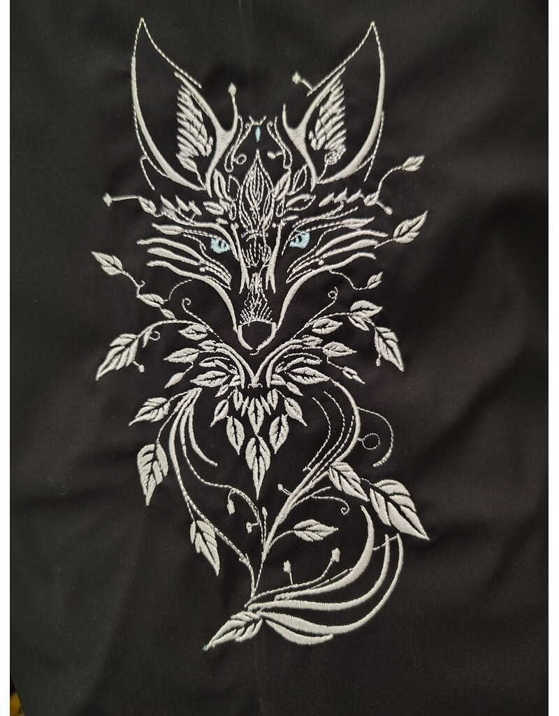 Cloakmakers.com 6165-Washable Lightweight Black Raincloak w/ White Wolf Embroidery & Two Pockets