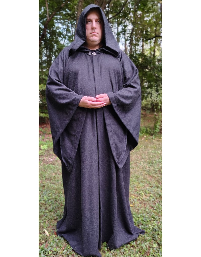 Cloakmakers.com R581-Washable Charcoal Black Wool Blend Robe w/ Silver Tone Clasp & Two Pockets