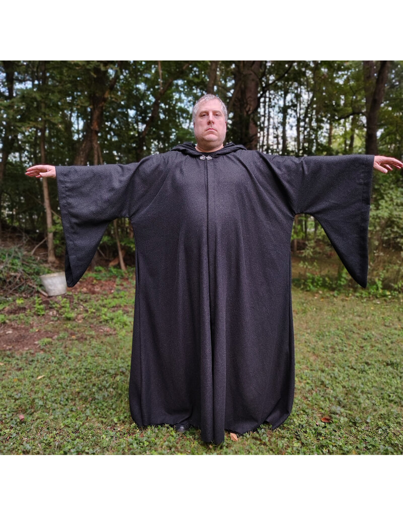 Cloakmakers.com R581-Washable Charcoal Black Wool Blend Robe w/ Silver Tone Clasp & Two Pockets