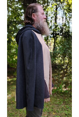 Cloakmakers.com 6166-Washable Beige & Heathered Black Wool Cloak w/ Black Velvet Hood Lining & Celestial Cat Embroidery & Pockets