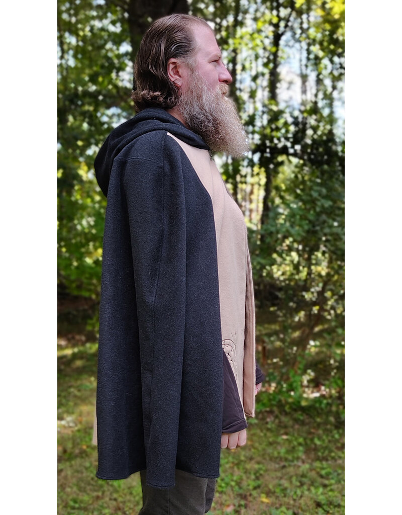 Cloakmakers.com 6166-Washable Beige & Heathered Black Wool Cloak w/ Black Velvet Hood Lining & Celestial Cat Embroidery & Pockets