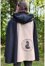 Cloakmakers.com 6166-Washable Beige & Heathered Black Wool Cloak w/ Black Velvet Hood Lining & Celestial Cat Embroidery & Pockets