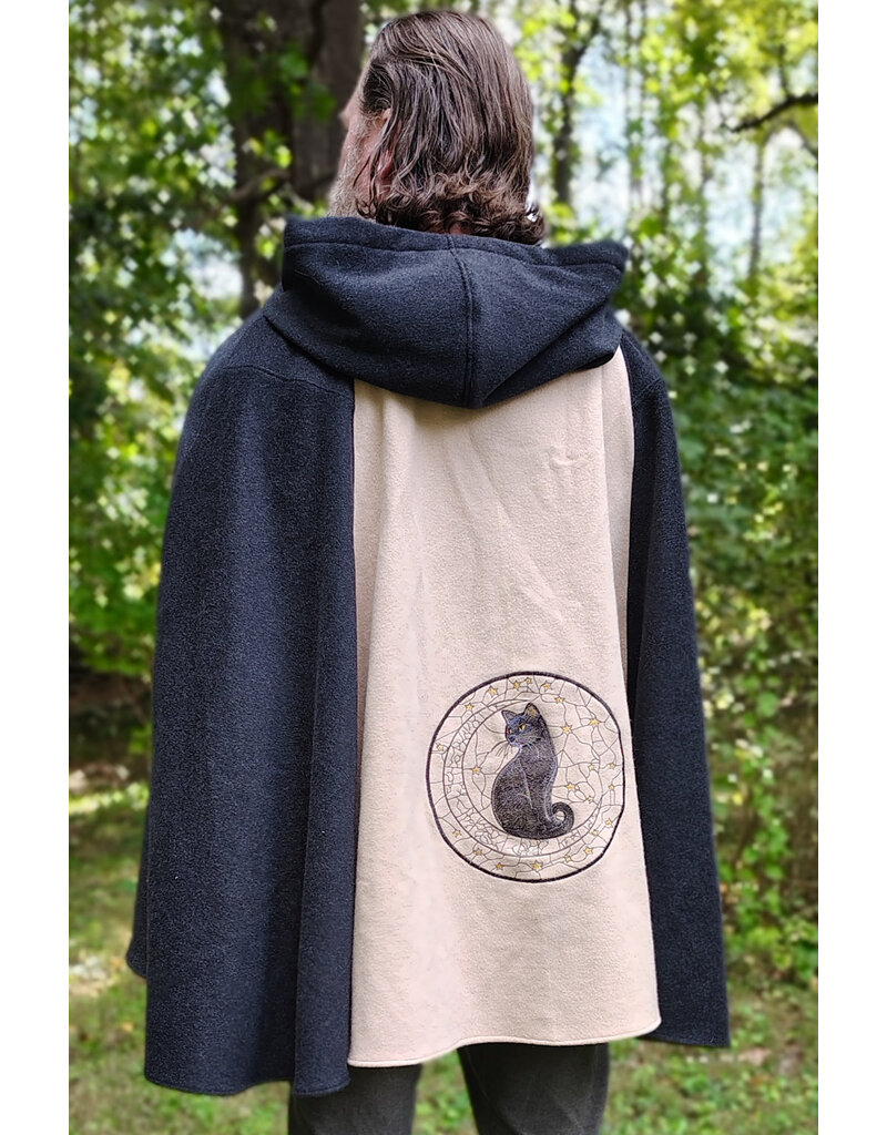 Cloakmakers.com 6166-Washable Beige & Heathered Black Wool Cloak w/ Black Velvet Hood Lining & Celestial Cat Embroidery & Pockets