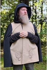 Cloakmakers.com 6166-Washable Beige & Heathered Black Wool Cloak w/ Black Velvet Hood Lining & Celestial Cat Embroidery & Pockets