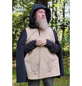Cloakmakers.com 6166-Washable Beige & Heathered Black Wool Cloak w/ Black Velvet Hood Lining & Celestial Cat Embroidery & Pockets