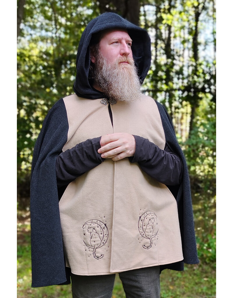 Cloakmakers.com 6166-Washable Beige & Heathered Black Wool Cloak w/ Black Velvet Hood Lining & Celestial Cat Embroidery & Pockets