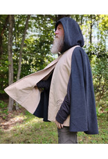 Cloakmakers.com 6166-Washable Beige & Heathered Black Wool Cloak w/ Black Velvet Hood Lining & Celestial Cat Embroidery & Pockets