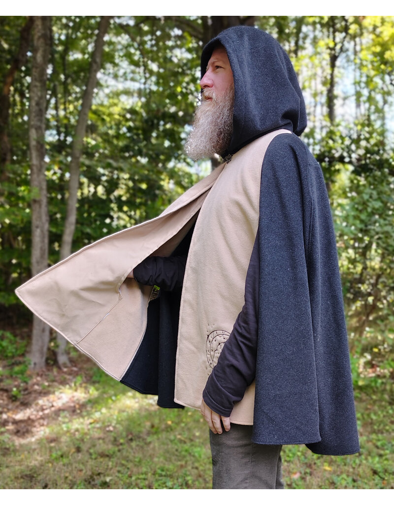 Cloakmakers.com 6166-Washable Beige & Heathered Black Wool Cloak w/ Black Velvet Hood Lining & Celestial Cat Embroidery & Pockets