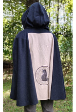 Cloakmakers.com 6166-Washable Beige & Heathered Black Wool Cloak w/ Black Velvet Hood Lining & Celestial Cat Embroidery & Pockets