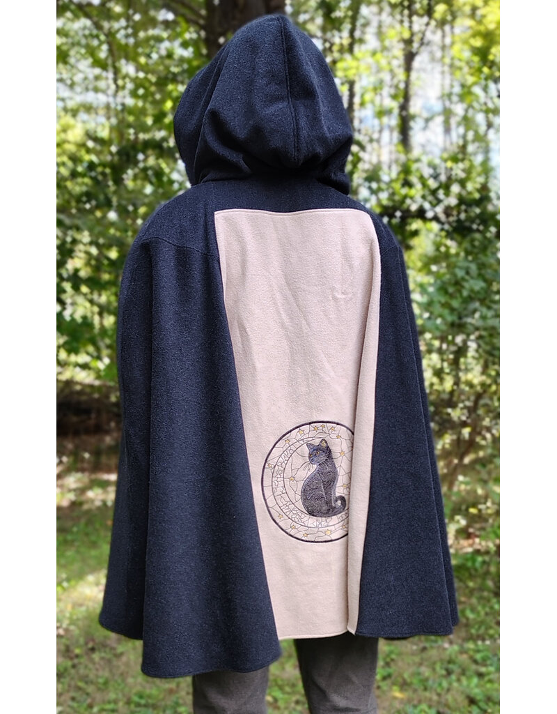 Cloakmakers.com 6166-Washable Beige & Heathered Black Wool Cloak w/ Black Velvet Hood Lining & Celestial Cat Embroidery & Pockets