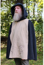 Cloakmakers.com 6166-Washable Beige & Heathered Black Wool Cloak w/ Black Velvet Hood Lining & Celestial Cat Embroidery & Pockets