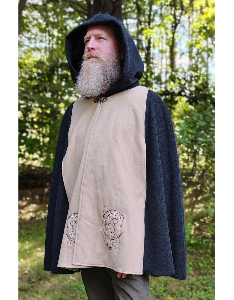 Cloakmakers.com 6166-Washable Beige & Heathered Black Wool Cloak w/ Black Velvet Hood Lining & Celestial Cat Embroidery & Pockets